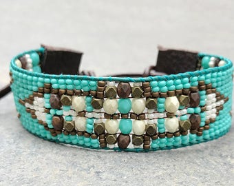 Beaded woven loom leather bracelet, aqua seed bead tribal, aztec, boho, southwestern friendship cuff