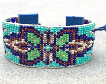 Beaded woven loom leather bracelet, seed bead tribal, aztec, boho, southwestern friendship cuff with blue and aqua