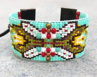 Beaded woven loom leather bracelet, seed bead tribal, aztec, boho, southwestern friendship cuff in aqua