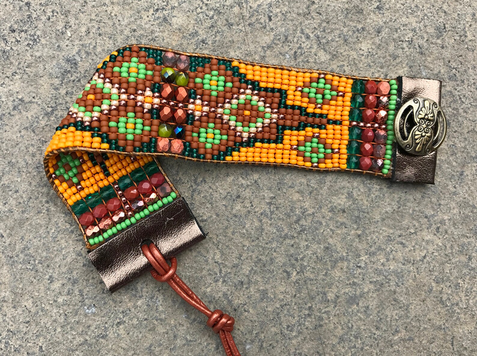 Beaded woven loom leather bracelet seed bead tribal aztec | Etsy