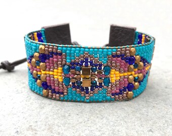 Beaded woven leather loom bracelet, seed bead tribal, aztec, boho, southwestern friendship cuff