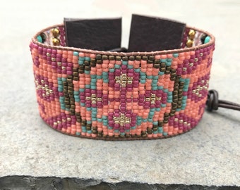 Beaded woven loom flower leather bracelet, seed bead tribal, aztec, boho, southwestern friendship cuff