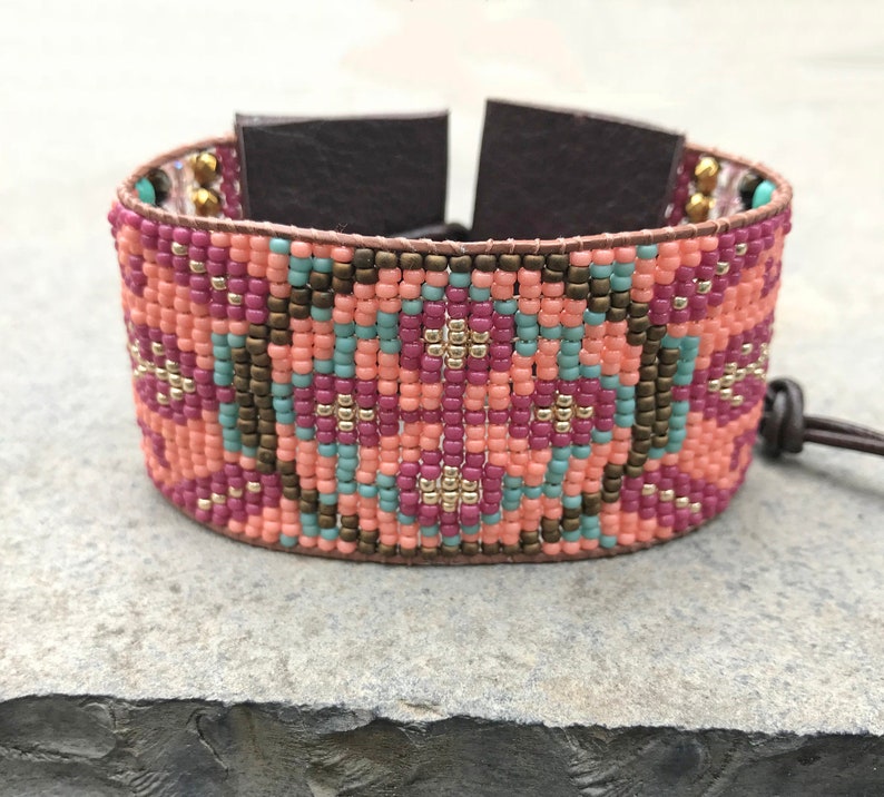 aztec southwestern friendship cuff seed bead tribal boho Beaded woven loom flower leather bracelet