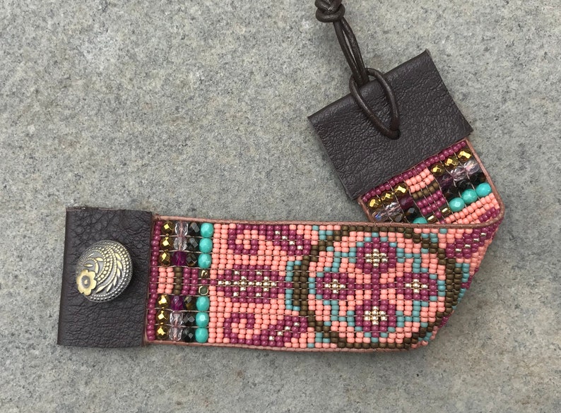 aztec southwestern friendship cuff seed bead tribal boho Beaded woven loom flower leather bracelet