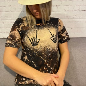Skeleton hand Distressed & Bleached T-Shirt edgy clothing women’s shirts distressed women’s tshirt bleached shirt for women acid wash shirt