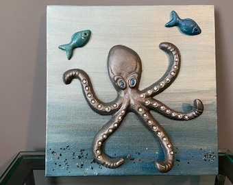 Beautiful aqua blue 3D Octopus & Fish Art hanging wall plaque - Beach Decor