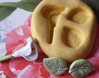 Flower with 2 Leaves Flexible Silicone Mold - for polymer clay, wax, candy, fondant, resin, etc.