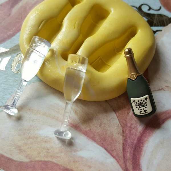 Champagne and Glasses Flexible Silicone Mold-for polymer clay, resin, wax, fondant, etc.