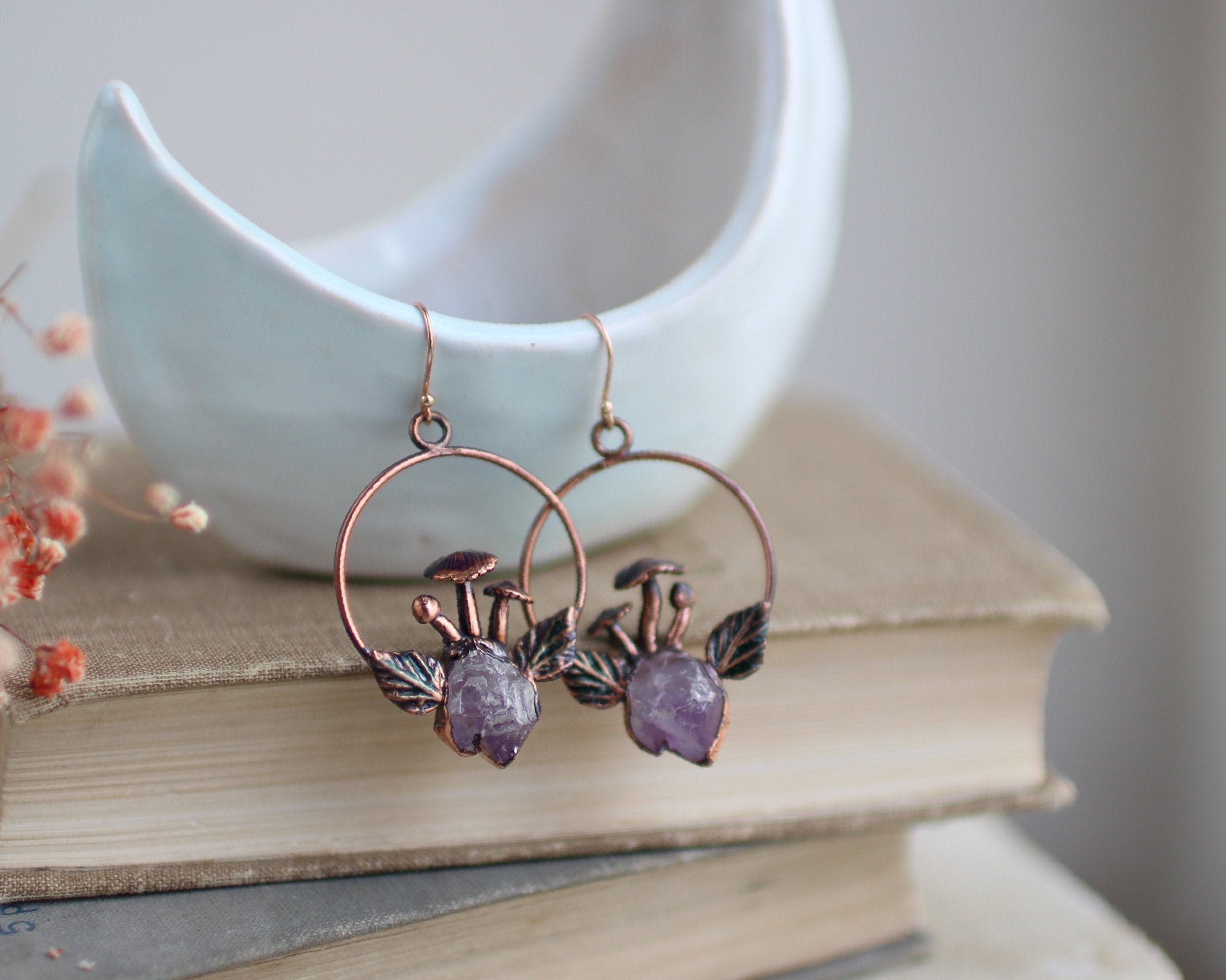 Cottagecore jewelry mushrooms earrings raw amethyst earrings | Etsy
