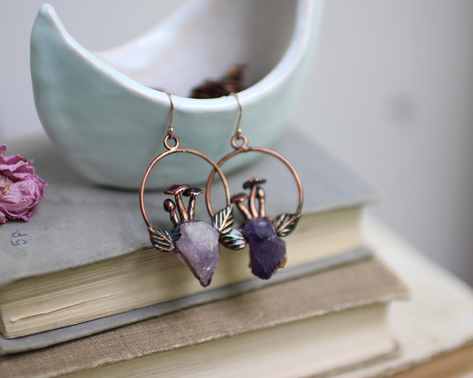 Cottagecore jewelry mushrooms earrings raw amethyst earrings | Etsy