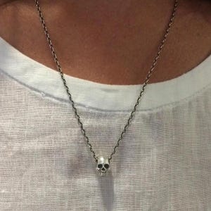 May include: A silver-toned necklace featuring a small, detailed skull pendant suspended from a delicate, textured chain. The metal has a polished finish with darkened recessed areas that highlight the anatomical features of the skull design.