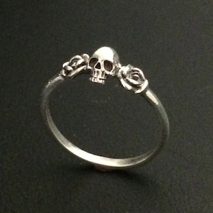 Skull with Roses Ring - Sterling Silver, Gift for Family and Friends, Cute Gothic Skull, Handmade Jewelry