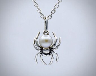 Handmade Silver Spider Pendant with Pearl, 20" Chain