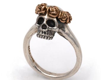 Skull Ring with Rose Crown – Sterling Silver, Handmade Jewelry