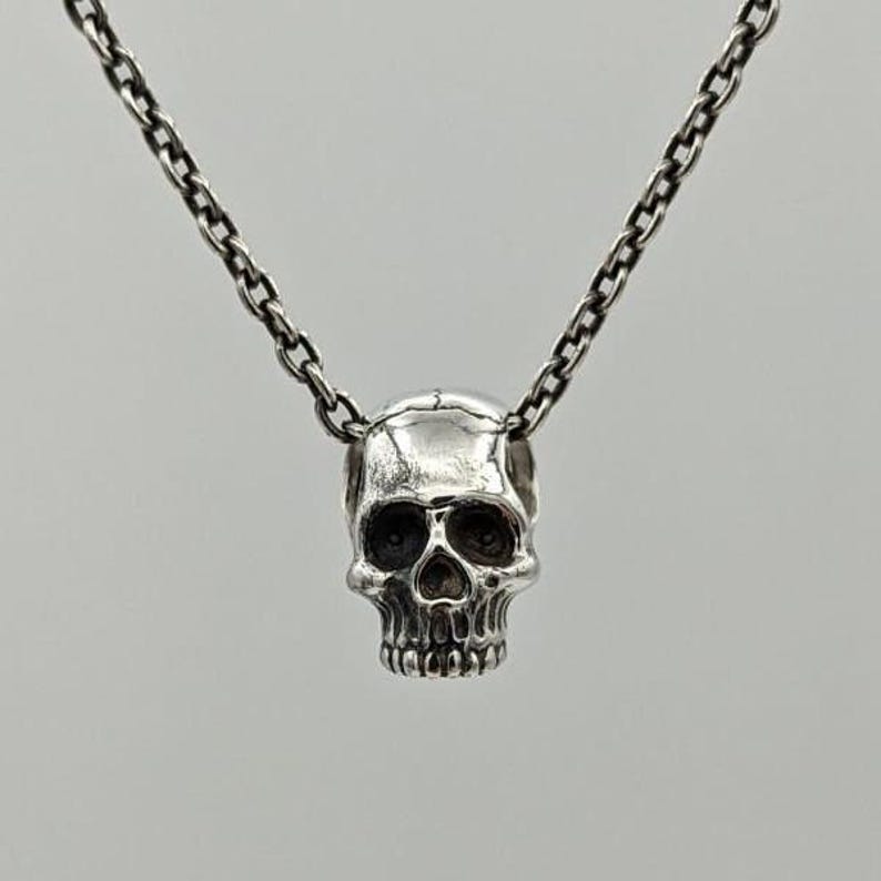 May include: A silver-toned metal necklace featuring a detailed skull pendant suspended from a matching link chain. The skull has deep-set eye sockets, a defined nasal cavity, and visible teeth, with a polished finish that reflects light across its surface.