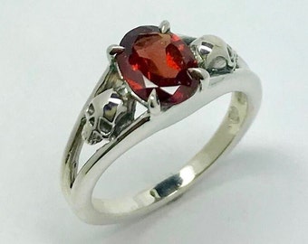 Skulls and Garnet Ring - Sterling Silver, Skull Lover Gift, Handmade Jewelry