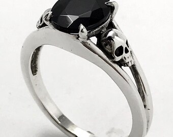 Onyx Two Skulls Ring - Sterling Silver and Onyx, Gothic Jewelry, Skull Lovers Gift, Handmade Jewelry