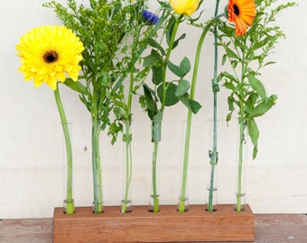 WOODEN VASE with GLASS tubes. Eco design vase.