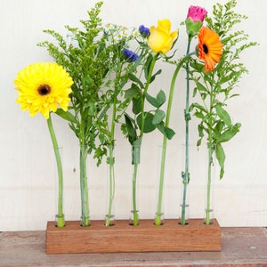 WOODEN VASE with GLASS tubes. Eco design vase.