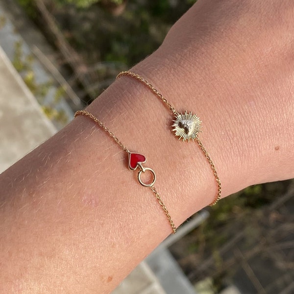 Bracelet cœur rouge plaqué or 18K - AMOUR - Médaillon, amulette, charms, pendentif, pampille cœur émaillé rouge