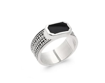 Herenring met zwarte steen - Rechthoekige onyx - Herenzegelring met natuursteen - Sieraden van 925 zilver