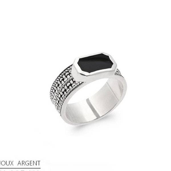 Bague homme avec pierre noire - Onyx rectangulaire - Chevalière homme avec pierre naturelle - Bijou argent 925