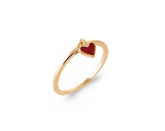Gold-plated red heart ring - AMOUR - Thin pendant ring, charm, red enamel heart pendant- Minimalist trendy ring, girlfriend ring,