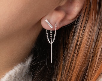 Boucles d'oreilles traversantes barre de zircon et chaîne pendante en argent 925 - BAZAR CHIC, boucles d'oreilles minimalistes