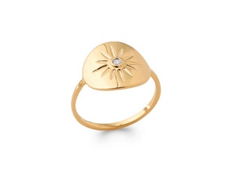 Gold plated and zircon sun ring - BAZAR CHIC - Solar, celestial, star ring, dainty ring, wild ring, delicate ring, stack ring, tiny ring