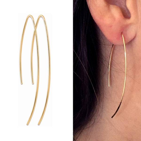 Boucles d'oreilles fines traversantes plaqué or, BO longues, pendantes, minimaliste - BAZAR CHIC
