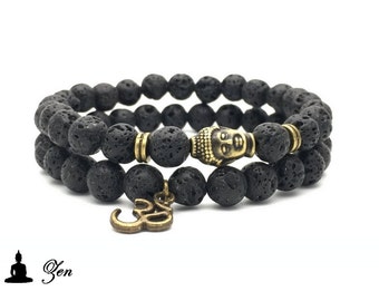 Pack Double bracelet / Lava rock gemstone Buddha AUM / Yoga Zen Meditation