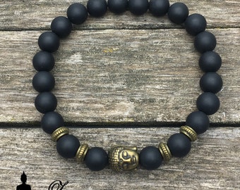 "Zen" Armband matt 8mm schwarz Onyx Stein und seine Bronze Buddha Kopf