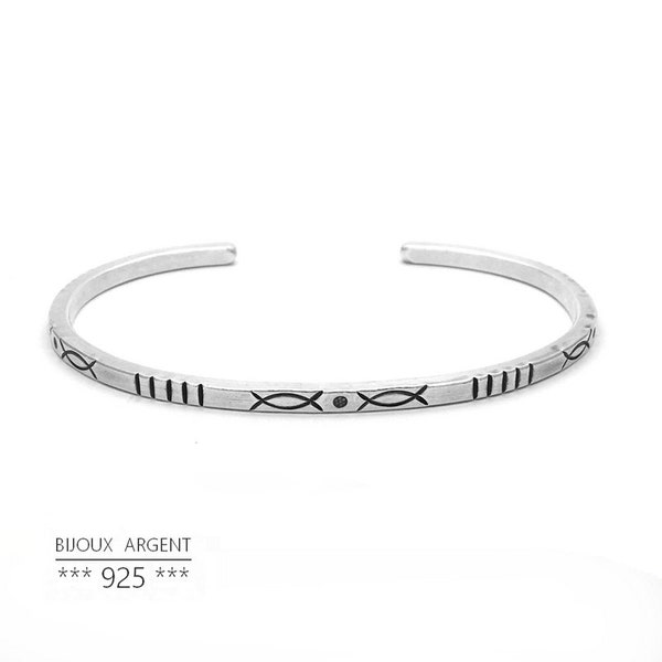 Bijou homme, Jonc fin en Argent 925 - Bracelet motif géométrique - Manchette homme, cadeau homme