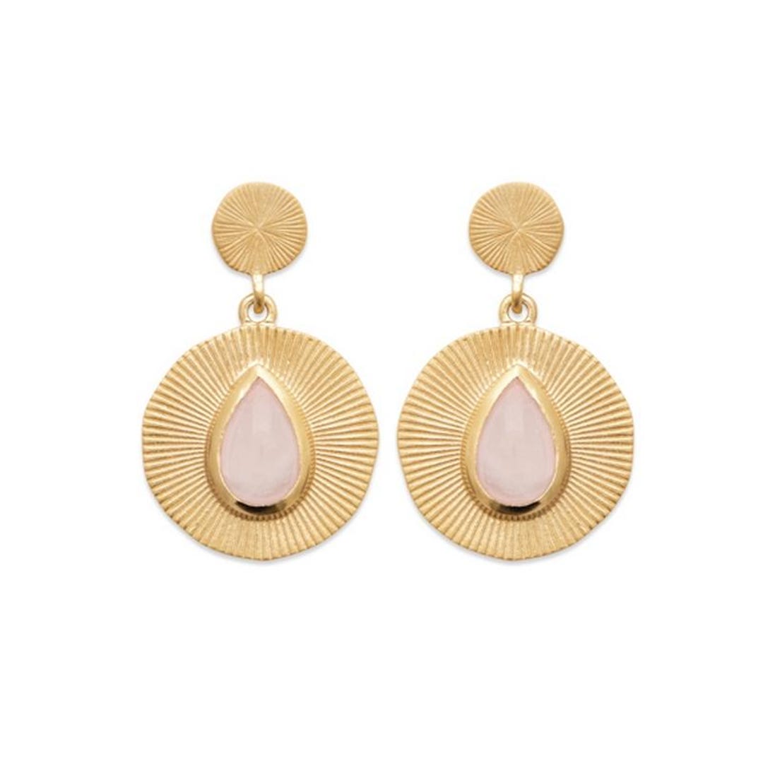 Boucles D'oreilles Femme - Plaqué Or 18K & Quartz Rose - Neuf Avec étiquettes