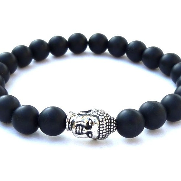 Bracelet bouddhiste en pierre d'onyx noir mat 8mm et sa tête de bouddha argent