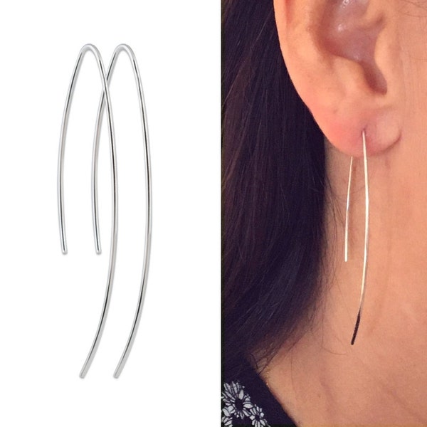 Boucles d'oreilles fines traversantes argent 925, BO longues, pendantes, minimaliste - BAZAR CHIC