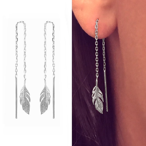 Boucles d'oreilles chaînes traversantes argent 925, plume pendante, BO longues, feuille, minimaliste - L'INDIENNE