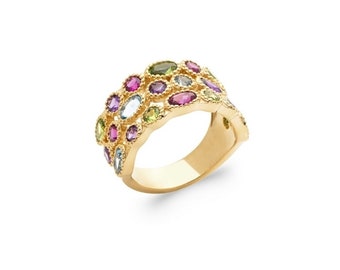 Bague pierres multicolores, triple anneaux empierrés - BAZAR CHIC -  Bague multirang plaqué or 18K, bague multipierres, bague muti anneaux