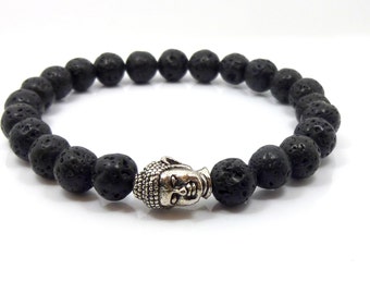 Stretch bracelet with black lava rock 8mm and buddha head