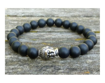 Buddhistisches Armband aus Natursteinen aus matten schwarzen Onyx 8mm und seinem Buddha-Kopf