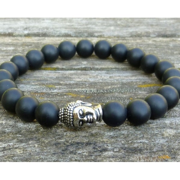 Bracelet bouddhiste en pierres naturelles d'onyx noir mat 8mm et sa tête de bouddha