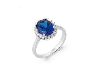 Bague pierre bleue sertie, entourée de petits brillants d'oxydes de zirconium - DUCHESSE - Argent 925 - Kate Middleton bleue Saphir