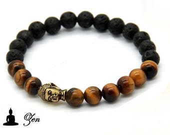 Stretch bracelet with tiger eye, lava rock 8mm and buddha head