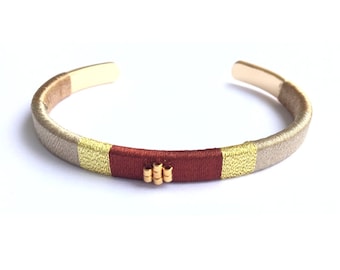 brown woven bangle Bracelet -  Golden Brass with fine gold