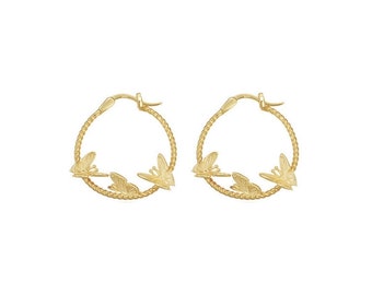 Gold-plated butterfly hoop earrings - Twisted hoop earrings - diameter 28mm - Original, trendy - HAPPY