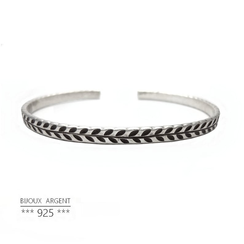 Bijou Homme, Bracelet jonc plat en Argent 925 Gravé avec motif laurier image 1