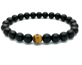 Bracciale con perline KPC in onice nero opaco e occhio di tigre - Bracciale da donna da uomo - braccialetto elastico - Regalo per gli uomini - Feng shui - Yoga