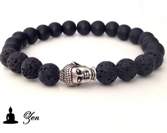 Stretch bracelet with black mat onyx and lava rock 8mm with buddha head