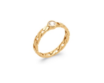 Gold plated ring, curb chain link and its zircon - MAILLE - Chain ring, trendy ring, dainty ring, bold ring