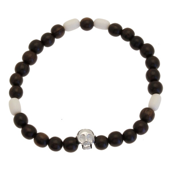 Bracelet HOMME Tête de mort (argent 925) Perle en bois d'ébène & Os